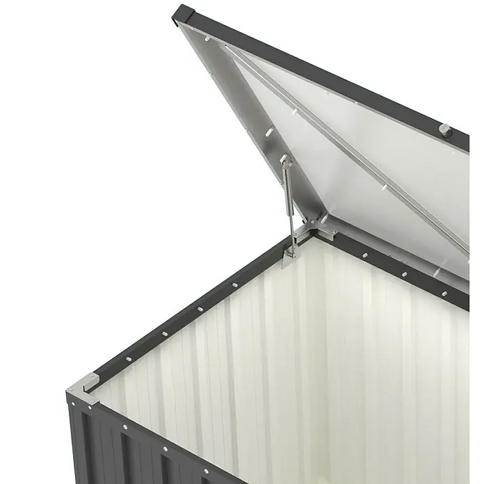 Tepro Garten-Aufbewahrungsbox Store M - B x T x H: 131,8 x 79,4 x 72,7 cm, Anthrazit, Stahl - Nahaufnahme eines geöffneten, grauen Gerätehauses mit weißer Innenauskleidung. Der Deckel ist mit einem Scharnier befestigt.