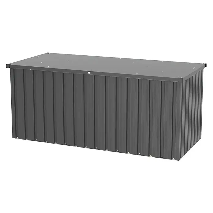 Tepro Garten-Aufbewahrungsbox Store L - B x T x H: 172,8 x 78,5 x 72,5 cm, Anthrazit, Stahl - Eine graue, rechteckige Gartenbox aus Metall mit einem flachen Deckel, ideal für die Aufbewahrung im Außenbereich.