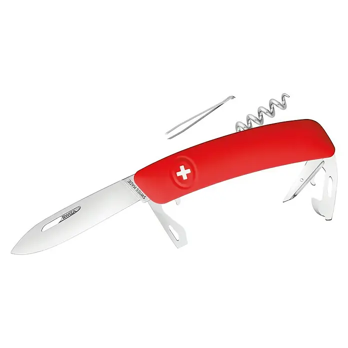 Swiza Taschenmesser D03 - Klingenlänge: 75 mm, Rot - Rotes Schweizer Taschenmesser mit verschiedenen Werkzeugen, darunter Klinge, Korkenzieher und Pinzette.
