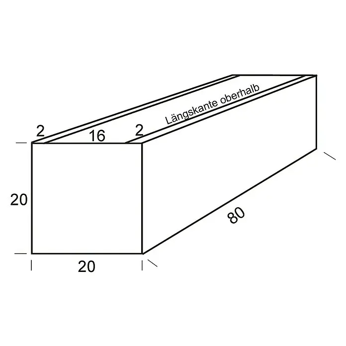 WMT Pflanzkasten - L x B x H: 80 x 20 x 20 cm, Silber, Geeignet für: Stabgitterzäune, Stahl - Schematische Darstellung einer quaderförmigen Holzkonstruktion mit Maßen, die die Länge, Breite und Höhe des Holzes zeigen.
