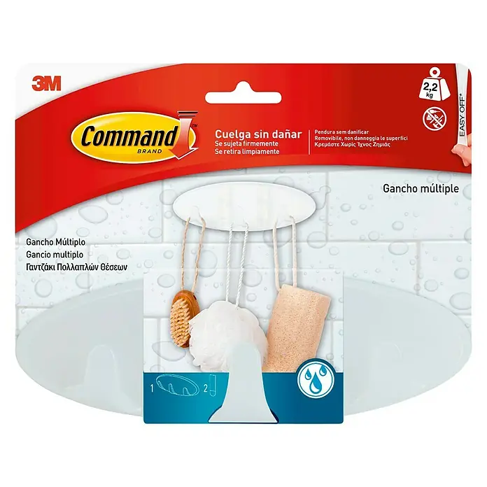 3M Command Colgador adhesivo BATH21 - Plástico, Blanco - Gancho múltiple 3M Command: Cuelga y retira accesorios de baño de hasta 2,2 kg sin dañar las superficies.