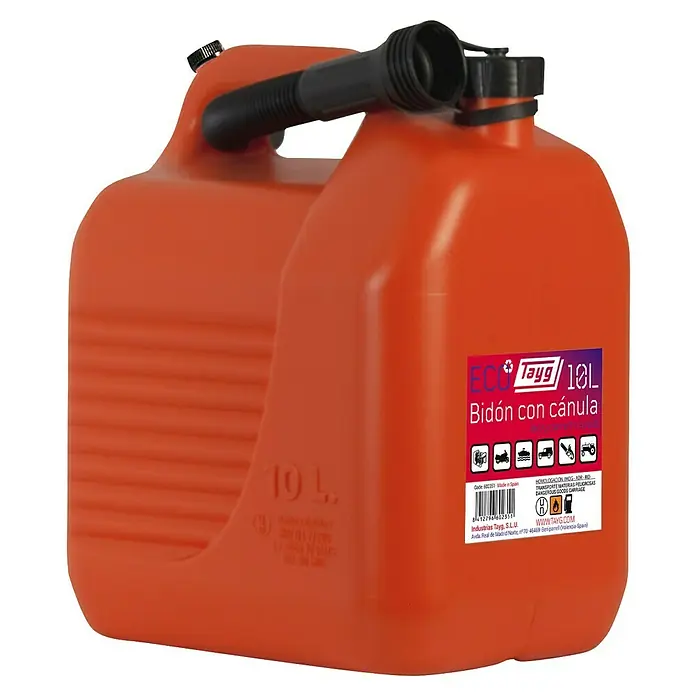 Tayg Bidón de plástico para carburante - 10 l, Naranja/Negro - Un bidón naranja de 10L ECO Tayg con asa y boquilla negras, perfecto para transportar líquidos de forma segura.