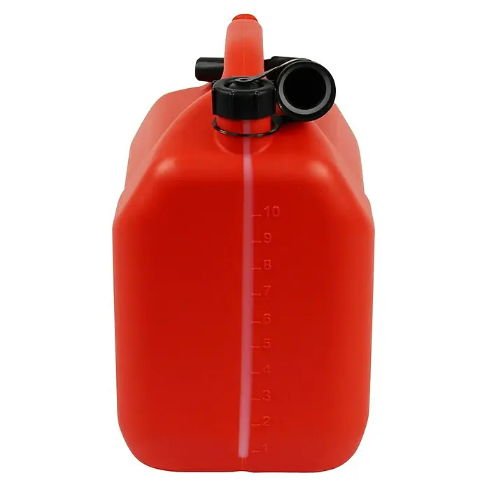 Tayg Bidón de plástico para carburante - 10 l, Naranja/Negro - Garrafa de combustible roja con tapones negros e indicador de nivel, ideal para almacenar y transportar gasolina y otros combustibles de forma segura.
