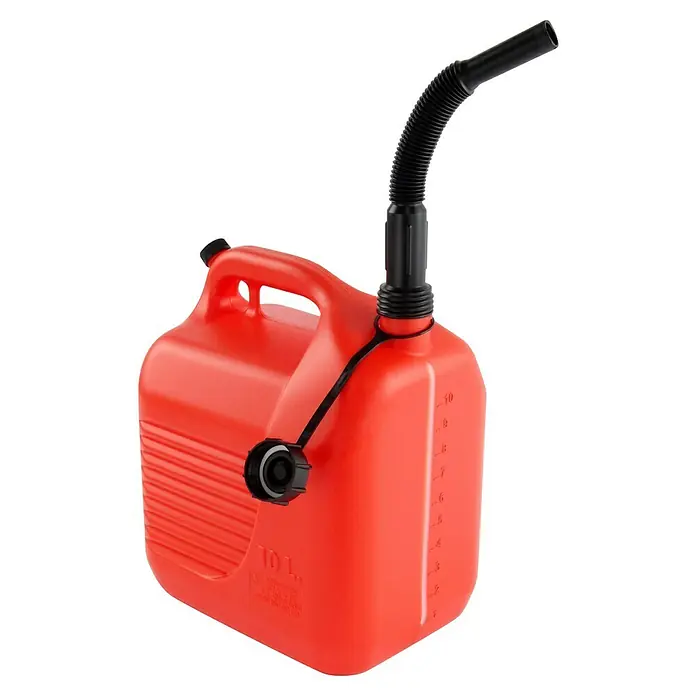 Tayg Bidón de plástico para carburante - 10 l, Naranja/Negro - Una garrafa de combustible roja de 10 litros con boquilla y tapón negros, ideal para almacenar combustibles de forma segura.