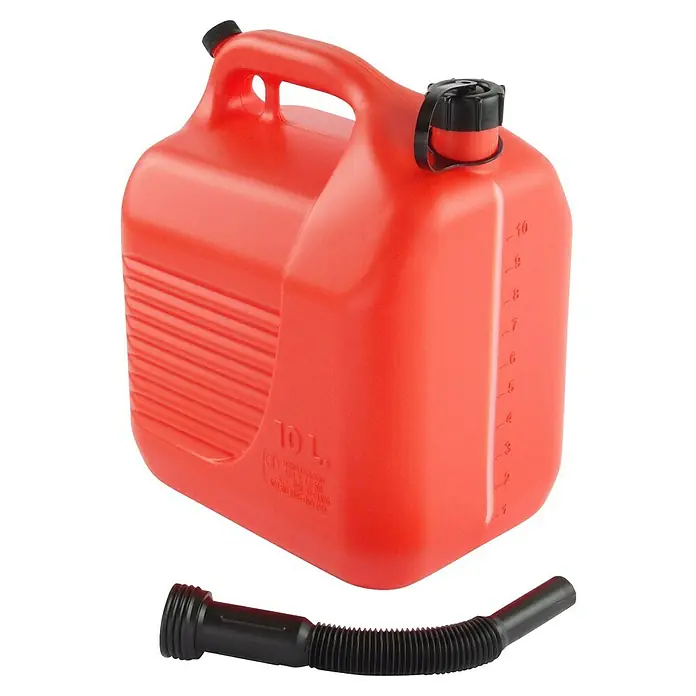 Tayg Bidón de plástico para carburante - 10 l, Naranja/Negro - En la imagen se ve una garrafa de combustible roja de 10 litros con boquilla negra, ideal para el almacenamiento y el transporte seguros de combustibles.