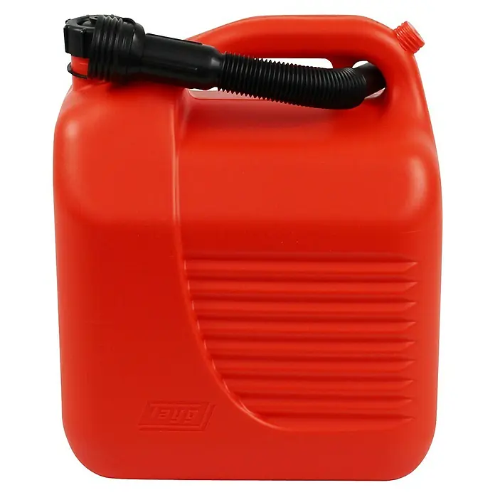 Tayg Bidón de plástico para carburante - 10 l, Naranja/Negro - Garrafa de gasolina de plástico roja con pico y asa negros. Ideal para almacenar y transportar combustibles.