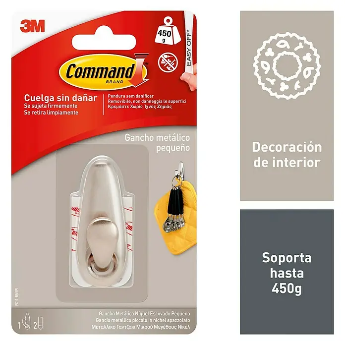 3M Command Colgador adhesivo FC13-BN - Metal, Níquel - Gancho metálico Command para colgar decoraciones fácilmente. Fijación segura y sin residuos hasta 450g para una decoración de pared elegante.