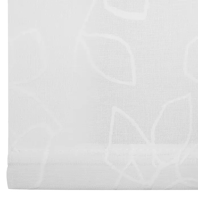 Estor enrollable Mykonos - An x Al: 165 x 190 cm, Blanco, Plantas y flores - Primer plano de una cortina blanca y translúcida con un delicado estampado de hojas. Ideal para toques sutiles en ventanas.