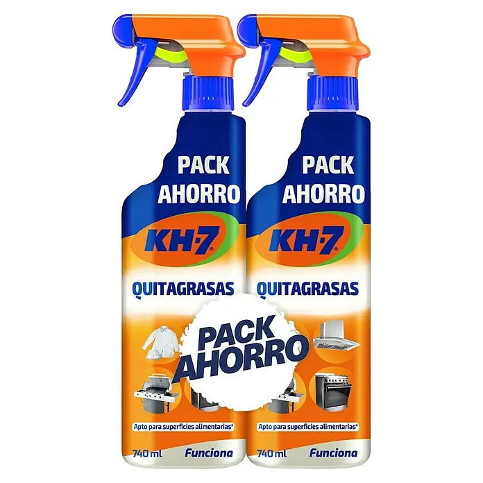KH7 Quitagrasas Pack ahorro - 2 ud., 740 ml, Botella con cabezal rociable - Dos botellas de KH-7 Quitagrasas en pack ahorro. Ideal para la limpieza rápida y eficaz de superficies de cocina y otras zonas grasientas.