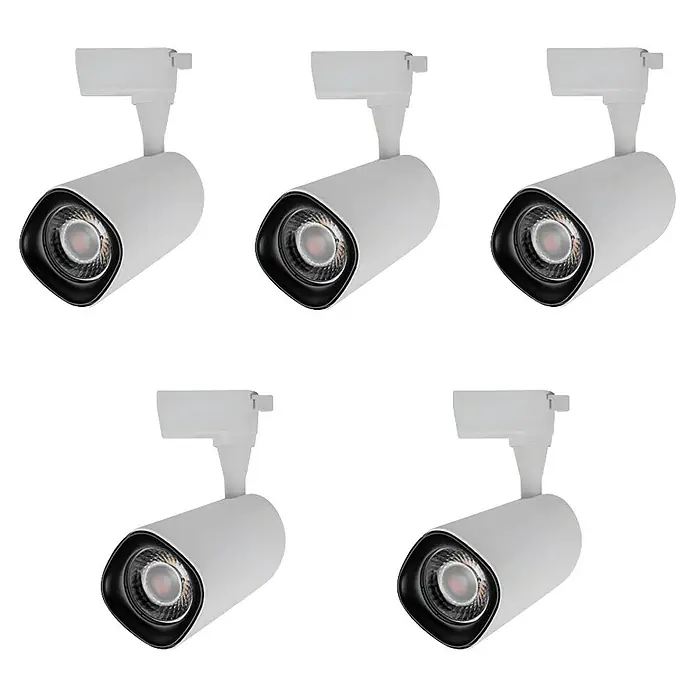 Led Hispania Foco LED para riel Nor - 40 W, Blanco cálido, 5 ud., Blanco, 3.000 K - Primer plano de cinco focos LED de carril blancos, que ofrecen un diseño moderno e iluminación brillante para cualquier espacio.