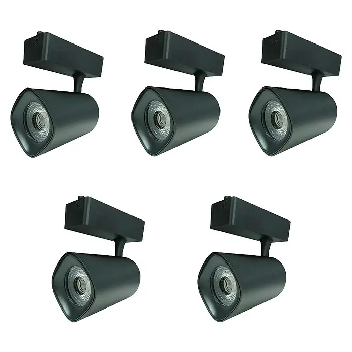 Led Hispania Foco LED para riel Nor - 40 W, Blanco cálido, 5 ud., Negro, 3.000 K - Cinco focos LED negros están alineados, perfectos para una solución de iluminación moderna en cualquier habitación.