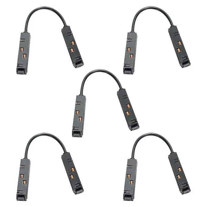 Led Hispania Conector magnético alargador - 5 ud., Aluminio - Cinco conectores de tira LED negros con cables flexibles sobre fondo negro, ideales para soluciones de iluminación flexibles.