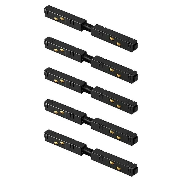 Panaled Conector magnético - Negro, L x An x Al: 29,5 x 2 x 1,8 cm, 5 ud. - Cinco conectores negros flexibles para iluminación de riel con contactos dorados dispuestos en fila.