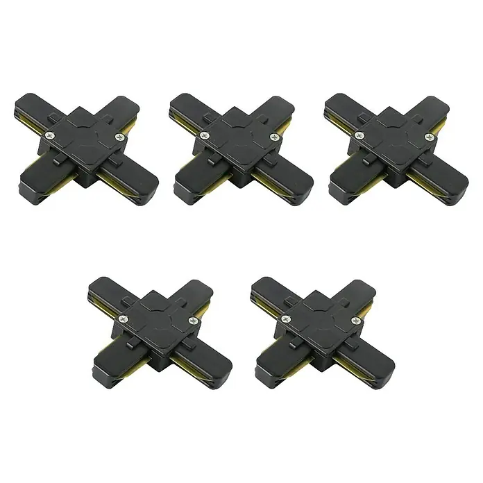 Led Hispania Conector en X monofásico - 3,5 x 10,5 x 10,5 cm, Negro, 5 ud. - Cinco conectores negros para rieles de iluminación sobre fondo negro, utilizados para conectar luces de riel.