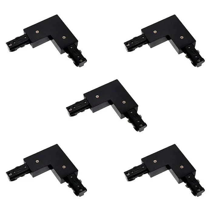 Led Hispania Conector en L monofásico - 3,5 x 10,7 x 10,7 cm, Negro, 5 ud. - Primer plano de cinco conectores de carril de iluminación negros en forma de L, diseñados para sistemas de iluminación.