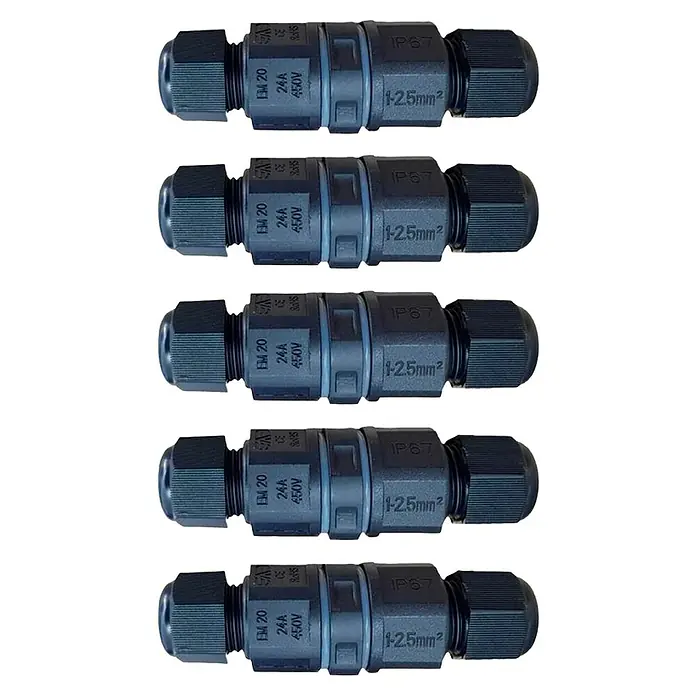 Led Hispania Conector estanco 3 hilos - Negro, IP67, 5 ud. - La imagen muestra cinco conectores de cable impermeables idénticos hechos de material negro robusto, ideales para uso exterior.