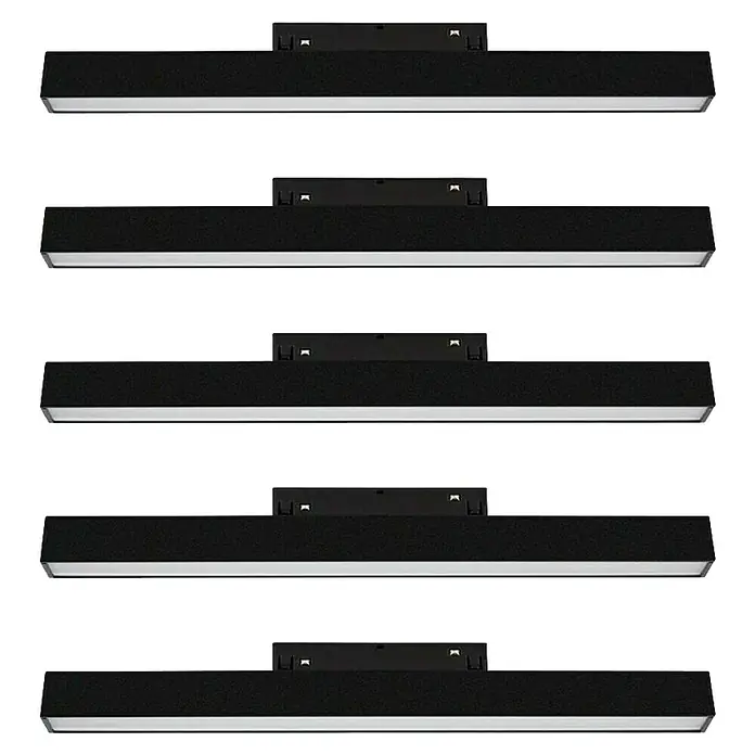 Panaled Regleta Toledo - 15 W, Negro, 5 ud. - La imagen muestra cinco luces de carril LED con un diseño minimalista, ideales para interiores contemporáneos.