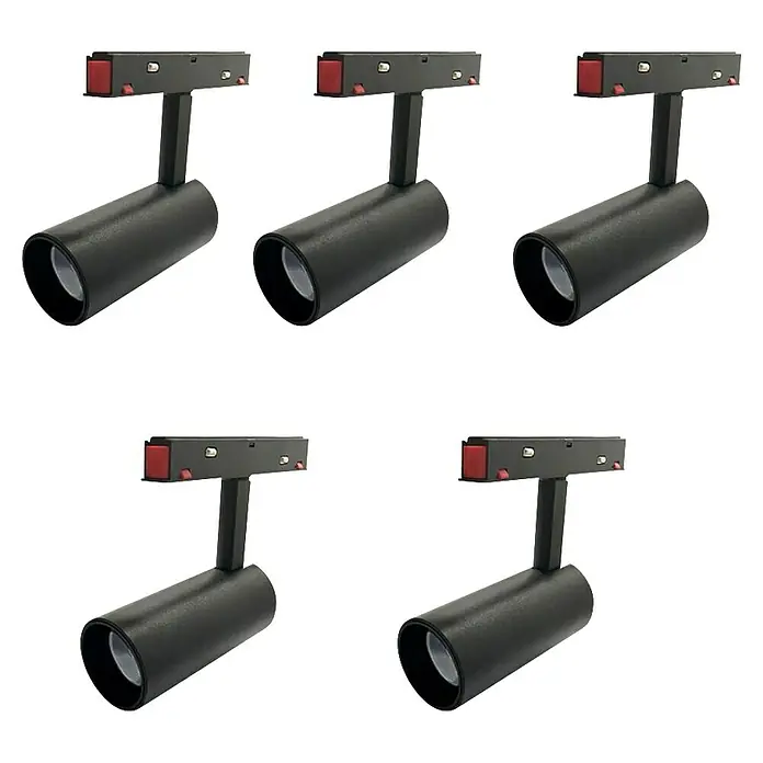 Panaled Foco para riel Segovia - 10 W, Negro, 5 ud. - Cinco focos negros están alineados. Diseño elegante, perfecto para soluciones de iluminación modernas.