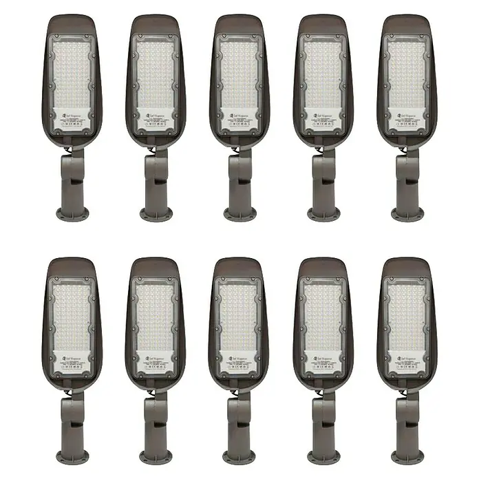 Led Hispania Farola LED Eko - 50 W, 8 x 15,12 x 48,65 cm, Gris, 5.000 lm, 4.000 K, IP65, 10 ud. - Aquí hay una serie de farolas LED, uniformemente coloreadas y diseñadas, presentando una solución de iluminación moderna y eficiente.