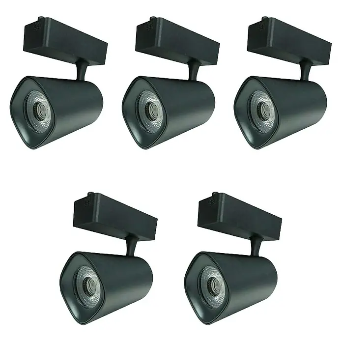 Led Hispania Foco LED para riel Nor - 40 W, Blanco neutro, 5 ud., Negro, 4.000 K - Cinco focos LED negros para techo. Los focos tienen un diseño moderno y minimalista, adecuado para diversos espacios interiores.