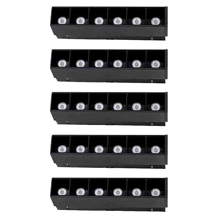 Panaled Foco para riel Albacete magnético - 6 W, Negro, 5 ud. - Cinco luces LED negras en tira, cada una con seis lámparas LED blancas redondas dispuestas en fila.