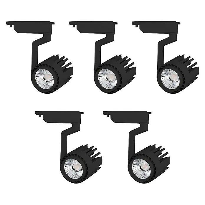 Led Hispania Foco LED para riel Alex - 30 W, Negro - En esta imagen se muestran varios focos LED negros para carril, ideales para iluminación de acento en interiores modernos.