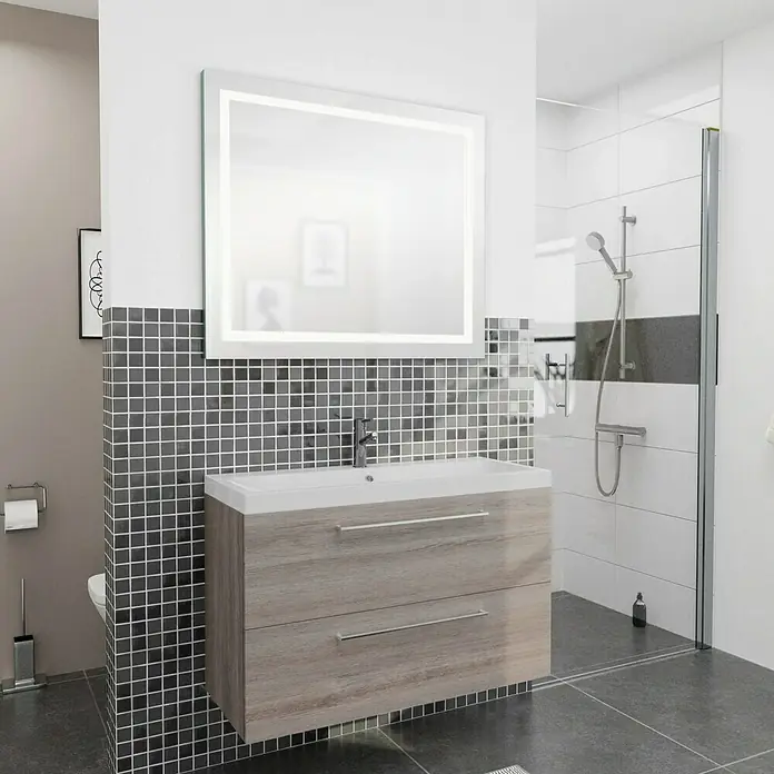 Camargue Espacio Badmöbel-Set i37 - 100 cm, Faro - Ein modernes Badezimmer mit einem Waschtischunterschrank aus Holz, einem beleuchteten Spiegel und einer Dusche im Hintergrund.