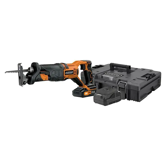 Toolson PRO Sierra de sable de batería LSS - 18 V, 1 batería, 2 Ah - En la imagen, una sierra de vaivén inalámbrica Toolson con accesorios, incluyendo batería y caja de herramientas, ideal para profesionales y bricoladores.
