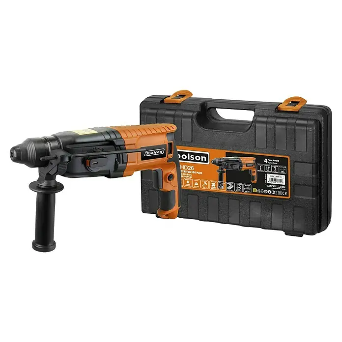 Toolson PRO Martillo combinado HD26 - 800 W, 2,8 J, Número máx. de impactos: 5.300 r.p.m. - Imagen de un martillo perforador Toolson HD26 SDS-Plus con cuerpo negro y detalles naranjas, incluyendo su maletín de almacenamiento.