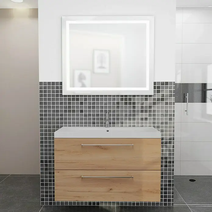 Camargue Espacio Badmöbel-Set i36 - 100 cm, Doce - Ein moderner Waschtisch mit Holzstruktur und weißen Schubladenfronten, beleuchtetem Spiegel und Mosaikhintergrund für ein stilvolles Badezimmer.