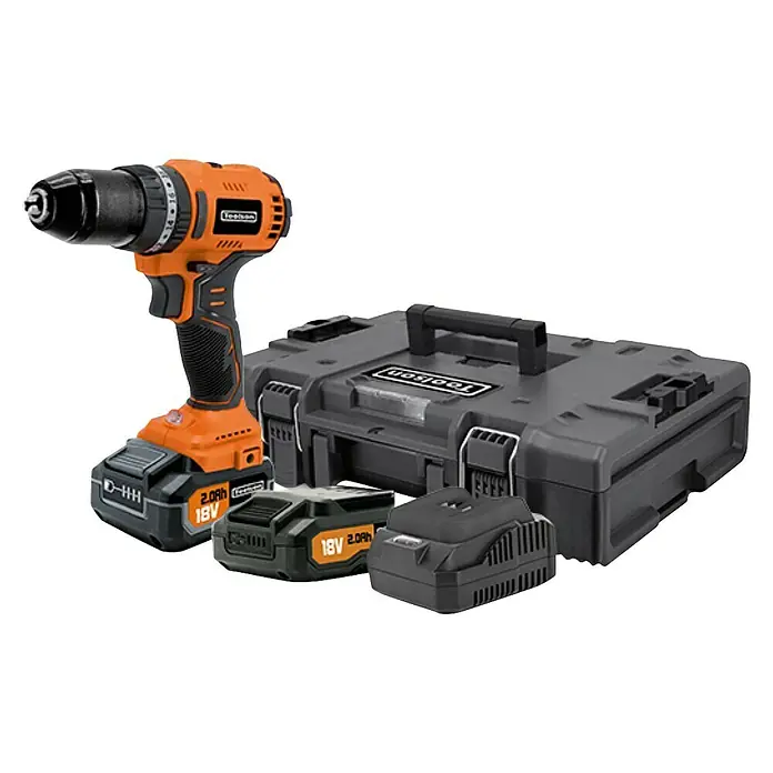 Toolson PRO Juego de máquinas - 18 V, 2 baterías, 2 Ah, 6 pzs. - Imagen de un taladro inalámbrico Toolson con dos baterías y una caja de herramientas.