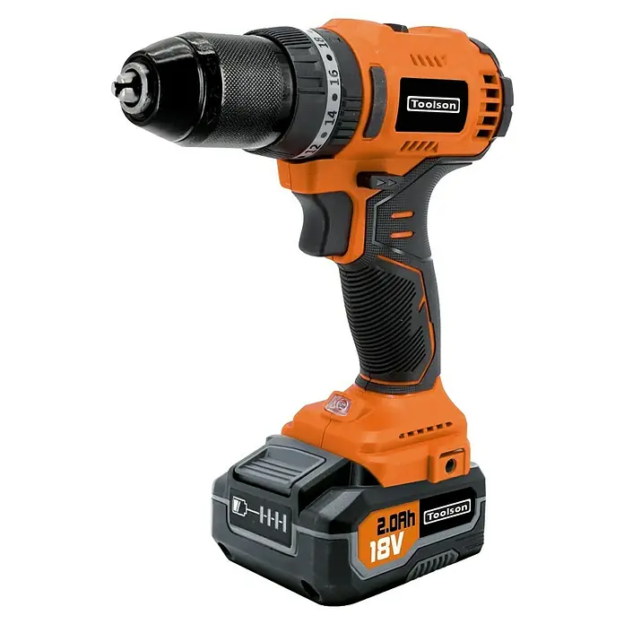 Toolson PRO Juego de máquinas - 18 V, 2 baterías, 2 Ah, 6 pzs. - Un taladro inalámbrico Toolson naranja con un mango negro y una batería de 18V para una perforación potente y cómoda.