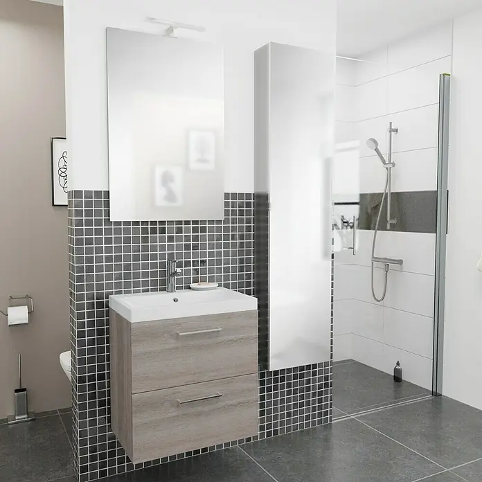 Camargue Espacio Badmöbel-Set i147 - 100 cm, Faro - Badezimmer-Interieur mit Waschtischunterschrank in Holzoptik, Spiegel und Duschbereich, die ein modernes und stilvolles Ambiente schaffen.