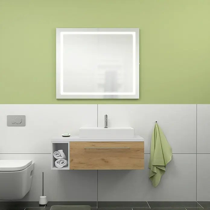 Camargue Espacio Badmöbel-Set i116 - 100 cm, Doce - Modernes Badezimmer mit Waschtischunterschrank in Holzoptik, einem Waschbecken und einem beleuchteten Spiegel.