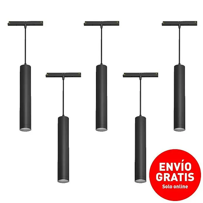 Panaled Foco para riel magnético - 10 W, Negro, 5 ud. - Lámparas colgantes cilíndricas negras con soportes de techo rectangulares. Diseño moderno para interiores elegantes.