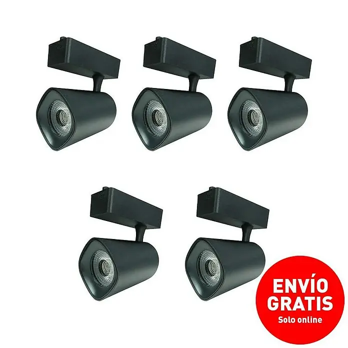 Led Hispania Foco LED para riel Nor - 40 W, Blanco neutro, 5 ud., Negro, 4.000 K - Imagen de cinco focos negros para carril. Los focos tienen un diseño elegante y moderno, ofreciendo una solución de iluminación flexible.