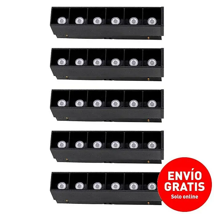 Panaled Foco para riel Albacete magnético - 6 W, Negro, 5 ud. - Imagen del producto de cinco focos LED negros de carril, cada uno con seis luces para uso interior.