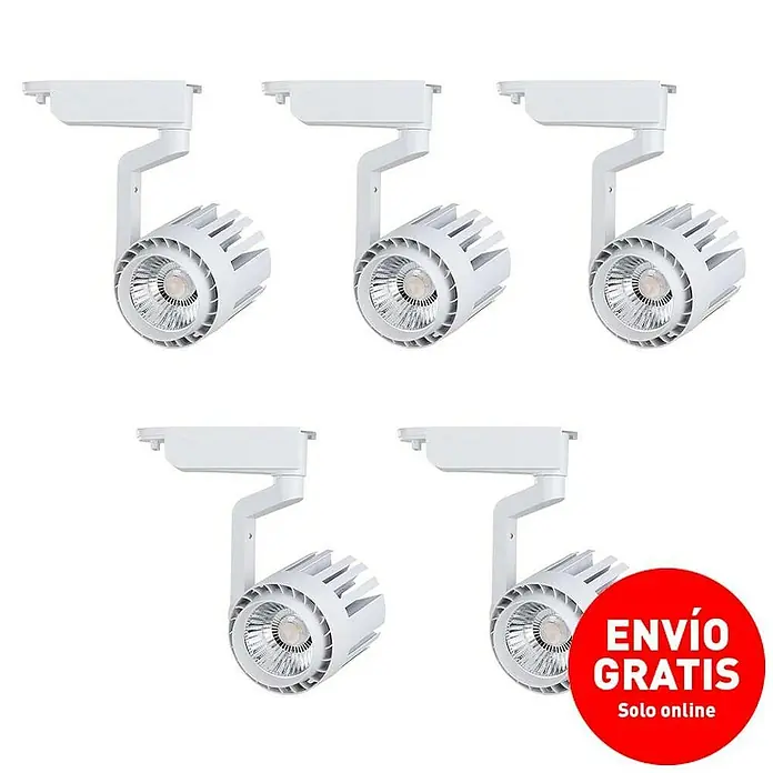 Led Hispania Foco LED para riel Alex - 30 W, Blanco - Cinco focos LED blancos para montaje en techo, ideales para iluminación de acento en interiores. Diseño moderno y tecnología de ahorro energético.