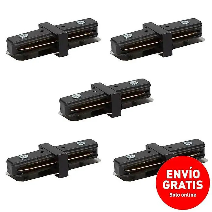 Led Hispania Conector monofásico - 3,3 x 3,3 x 7,7 cm, Negro, 5 ud. - Imagen de cinco conectores de luz de riel negros utilizados para la instalación de sistemas de iluminación.