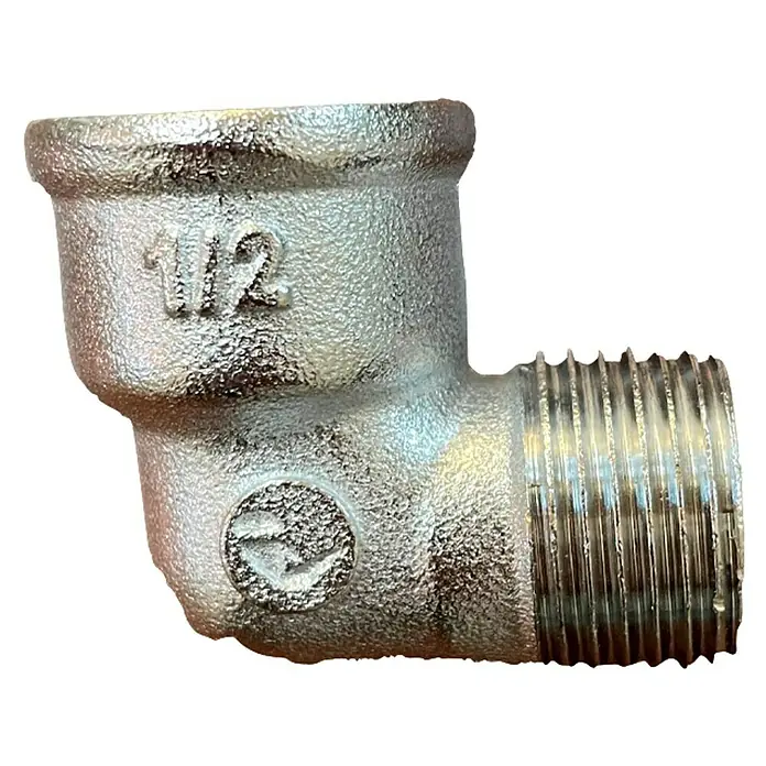 Codo de roscar M-H - Rosca: ½″, 1 ud., Cromo - Accesorio de tubería de codo metálico de 90 grados con roscas, marcado con "1/2" y un logo.