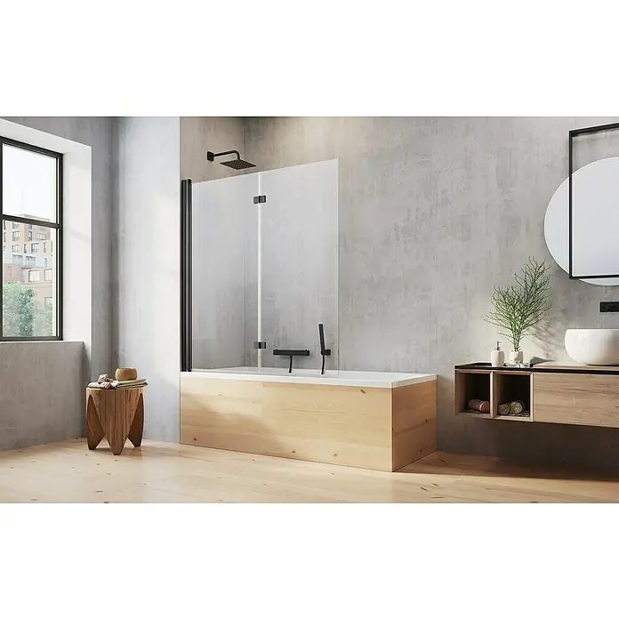 Camargue Vario Badewannenaufsatz B85 - B x H: 140 x 150 cm, 2 Stk., Schwarz - Elegantes Badezimmer mit einer modernen Badewanne und einer Duschabtrennung aus Klarglas mit schwarzen Akzenten für ein stilvolles Ambiente.