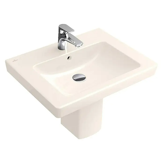 Villeroy & Boch Subway 2.0 Waschtisch - 60 x 47 cm, Mit schmutzabweisender Glasur, Hahnloch: Mitte, Mit Überlauf, Pergamon - Ein Waschbecken mit Armatur und einem cremefarbenen Sockel, ideal für jedes moderne Badezimmerdesign.