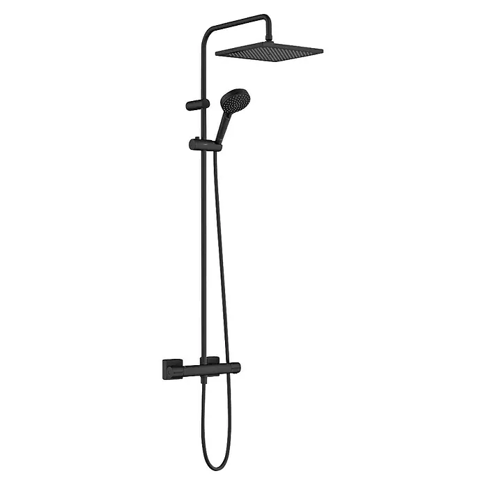 Hansgrohe Vernis Shape Sistema de ducha 240 - Con grifo termostático, Distancia entre orificios: 15 cm, Número de tipos de chorro: 2 ud., Negro - Columna de ducha negra con rociador y teleducha para un diseño de baño moderno.