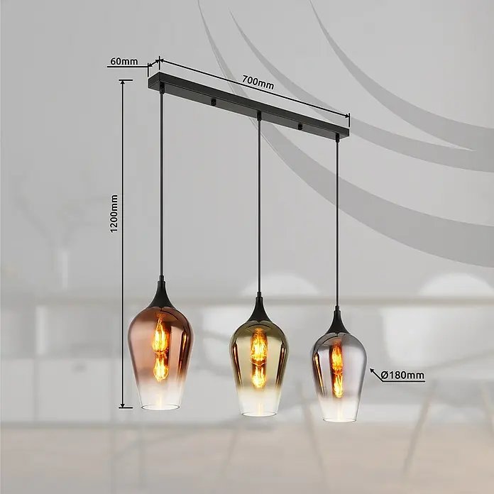 Globo Pendelleuchte Lavus - Ø x H: 18 x 120 cm, 60 W, Gold/Kupfer/Schwarz, E27 - Elegante Pendelleuchte mit drei farbigen Glasschirmen und präzisen Maßen für stilvolle Beleuchtung.