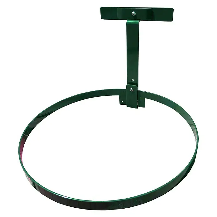 WMT Eindrehhalterung für Müllbeutel - Dunkelgrün - Ein grüner, runder Pflanzenbinder aus Metall mit einem Befestigungselement, ideal zur Unterstützung von Pflanzen im Garten.