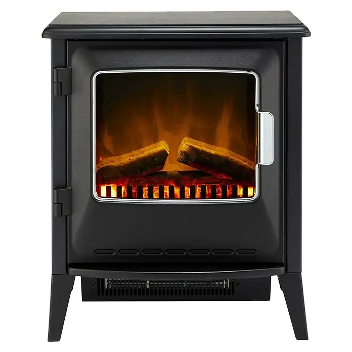 Dimplex Chimenea eléctrica Lucia - Negro, 900 W - 1.800 W, 34,4 x 50,8 x 59,7 cm - Imagen de una estufa eléctrica negra con llamas simuladas y troncos, que ofrece un ambiente acogedor.