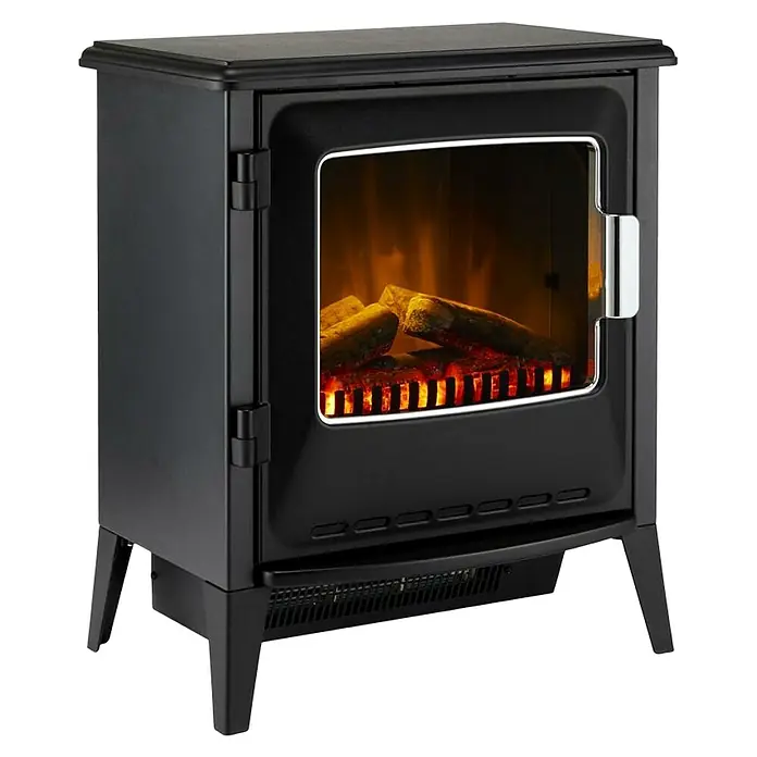 Dimplex Chimenea eléctrica Lucia - Negro, 900 W - 1.800 W, 34,4 x 50,8 x 59,7 cm - Imagen elegante de una estufa de chimenea eléctrica negra con troncos simulados y efectos de llama realistas para un calor acogedor.
