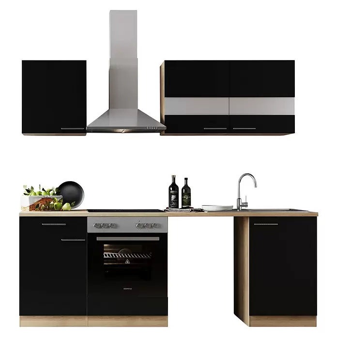 Respekta Küchenzeile Merle - Breite: 220 cm, Schwarz, Mit Elektrogeräten, Mit Waschmaschinennische - Moderne schwarze Küchenzeile mit Holzakzenten, bestehend aus Backofen, Spüle, Dunstabzugshaube und Oberschränken. Mit Küchenaccessoires dekoriert.