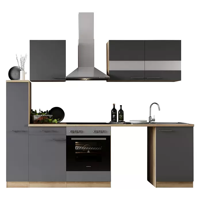 Respekta Küchenzeile Merle - Breite: 250 cm, Grau, Mit Elektrogeräten, Mit Waschmaschinennische - Moderne graue Küchenzeile mit Holzdetails, ausgestattet mit Backofen, Kochfeld, Spüle, Armatur und Dunstabzugshaube.