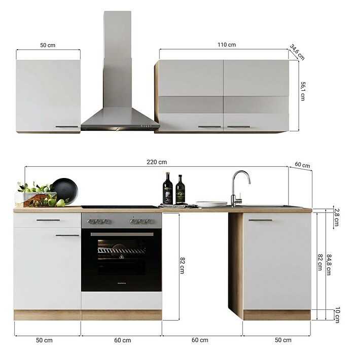 Respekta Küchenzeile Merle (Breite: 220 cm, Grau, Mit Elektrogeräten, Mit Waschmaschinennische) | BAUHAUS